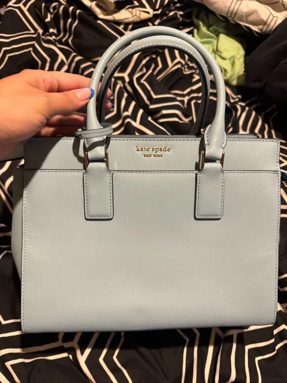 kate spade Light Blue Saffiano Satchel with Gold Logo